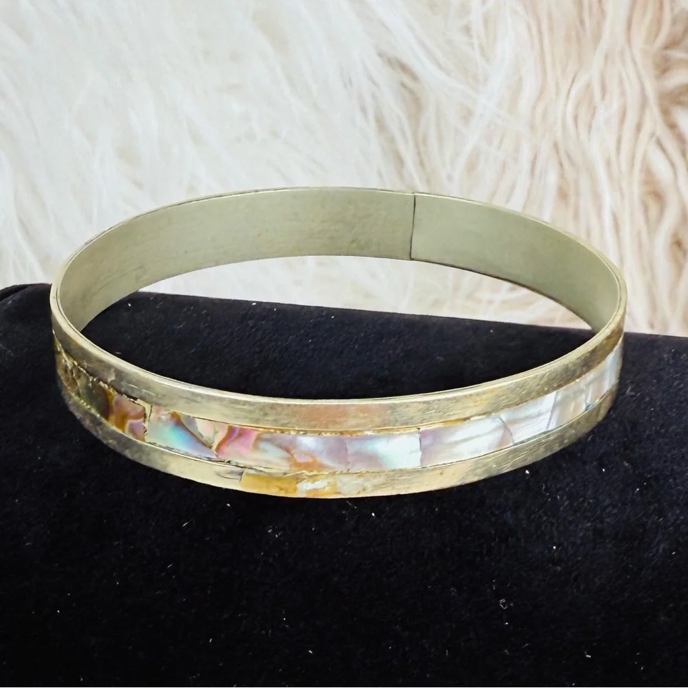 Vintage Boho Chic Oxidized Silvertone Abalone Mexico Stacking Bangle Bracelet